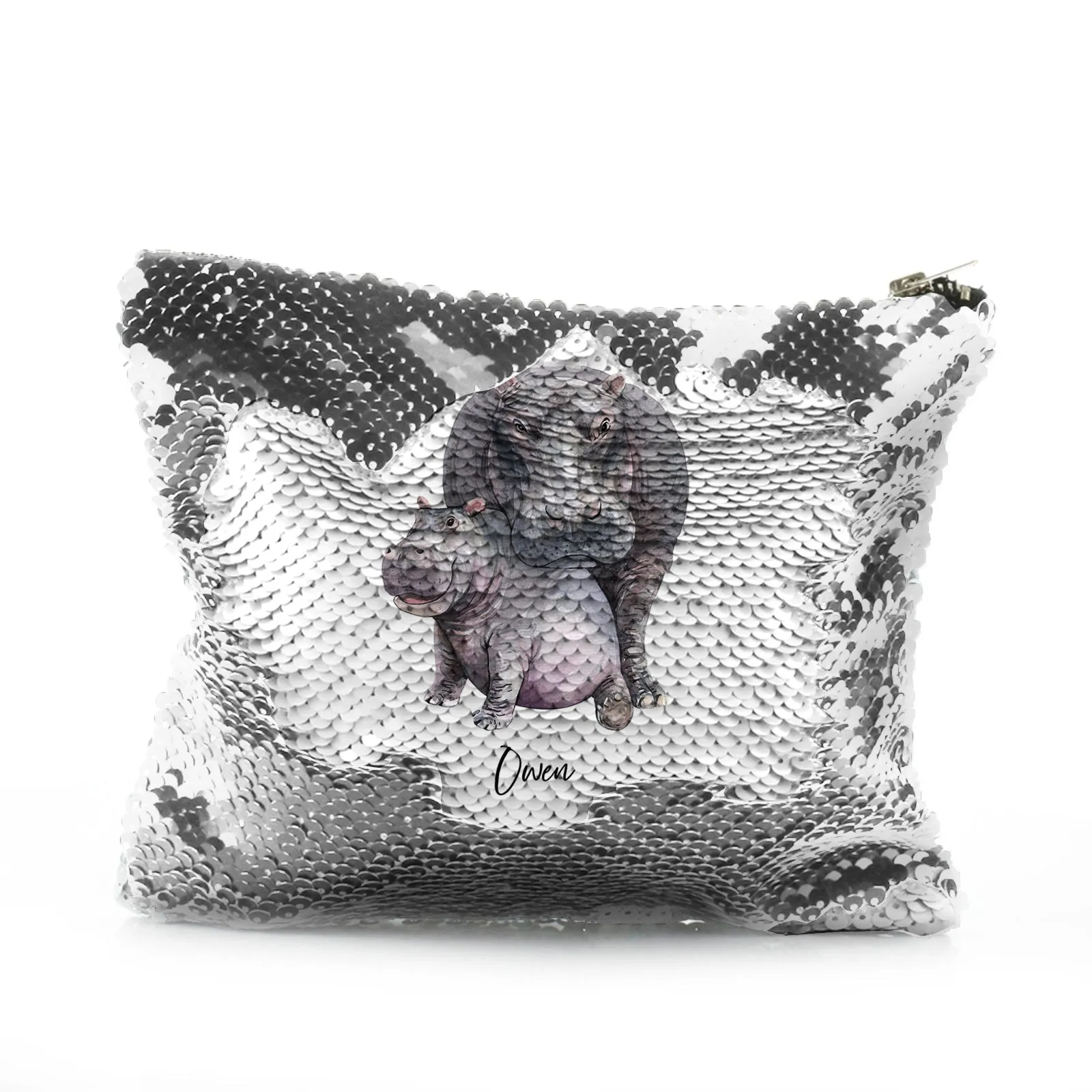 Personalised Sequin Zip Bag with Welcoming Text and Embracing Mum and Baby Hippos