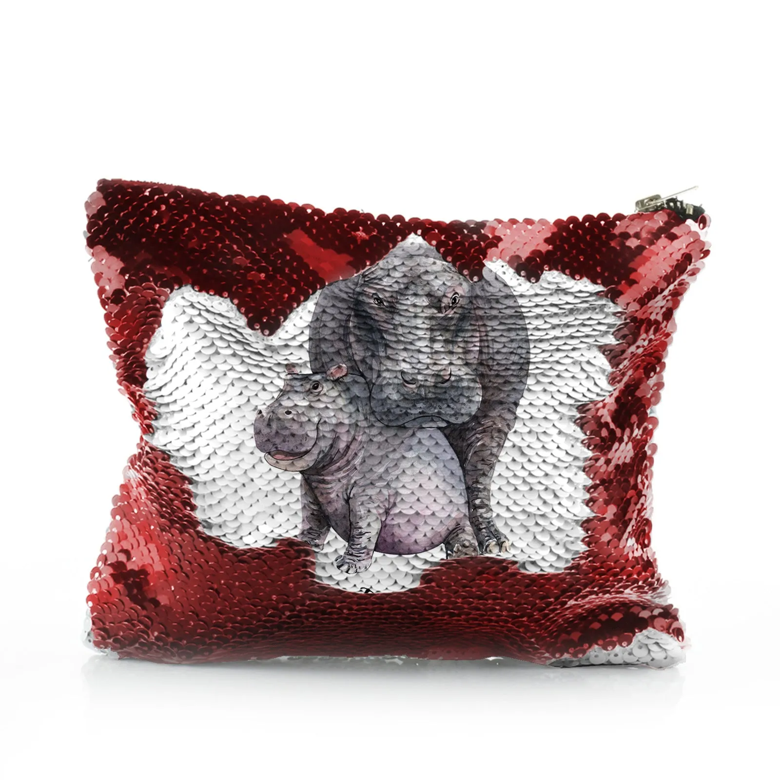 Personalised Sequin Zip Bag with Welcoming Text and Embracing Mum and Baby Hippos