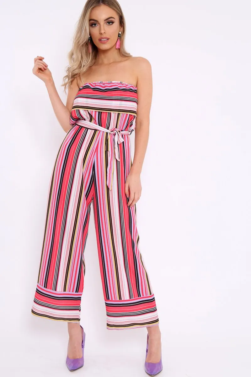Pink Stripe Bardot Stripe Ruffle Jumpsuit - Kashia
