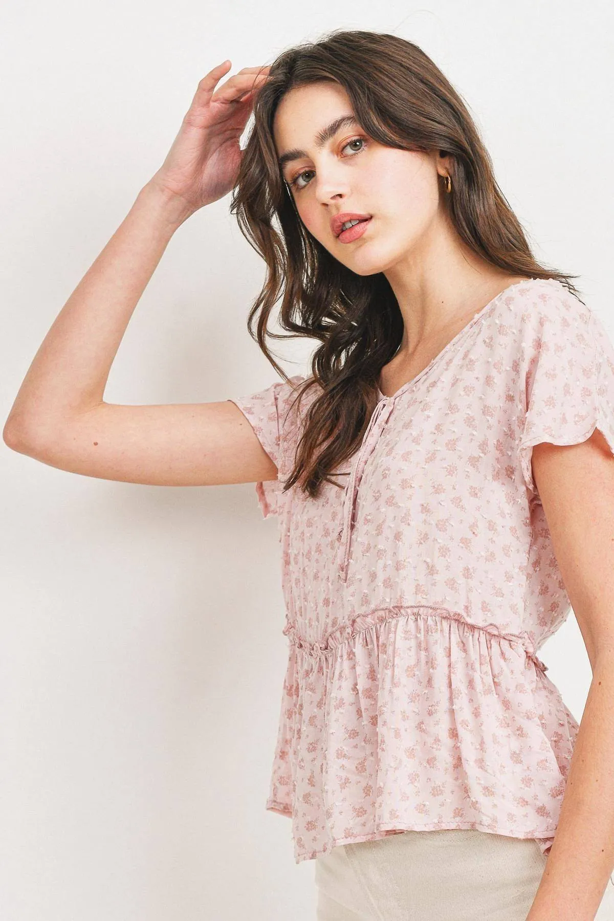Printed Woven Front Tied Neck Flounce Short Sleeve Top