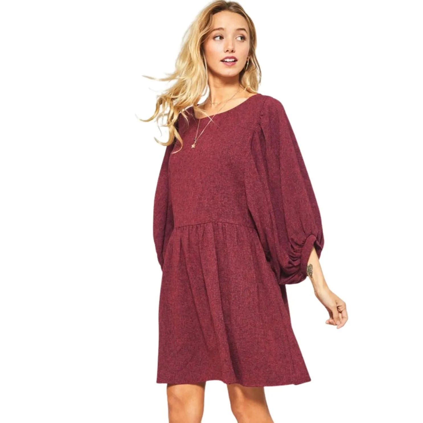 Promesa Burgundy Two Tone Puff Sleeve Loose Fit Flared Midi Dress JDE8412-BURG