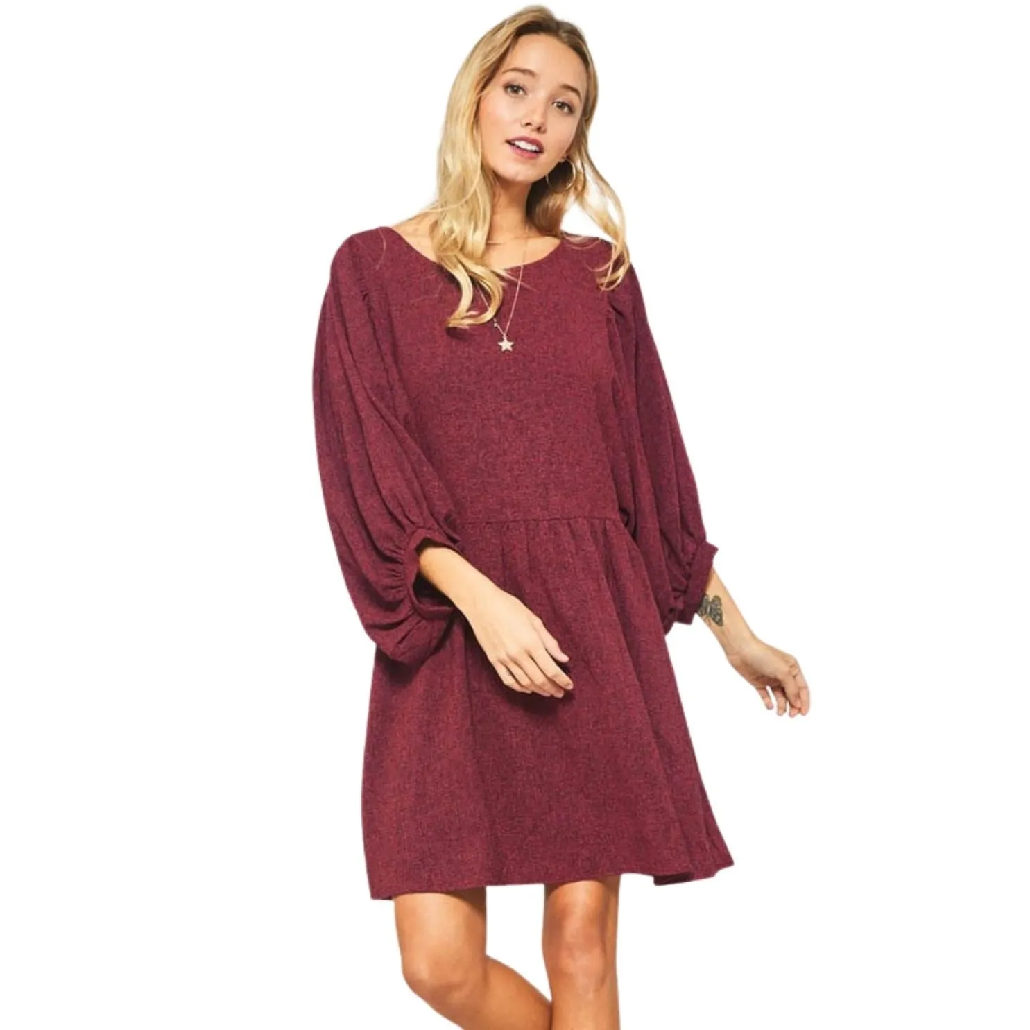 Promesa Burgundy Two Tone Puff Sleeve Loose Fit Flared Midi Dress JDE8412-BURG
