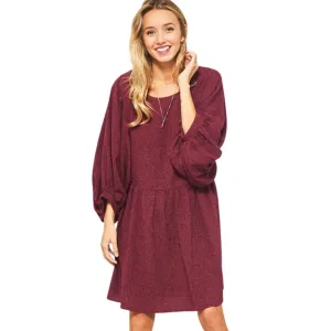 Promesa Burgundy Two Tone Puff Sleeve Loose Fit Flared Midi Dress JDE8412-BURG