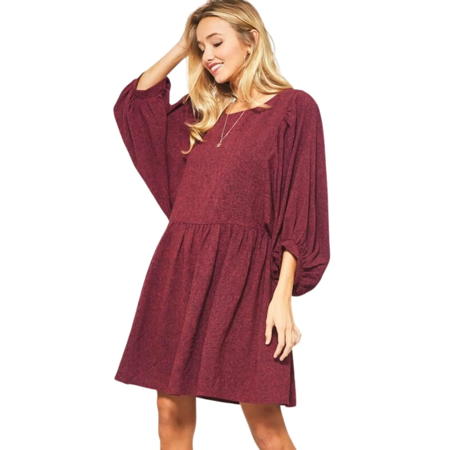 Promesa Burgundy Two Tone Puff Sleeve Loose Fit Flared Midi Dress JDE8412-BURG