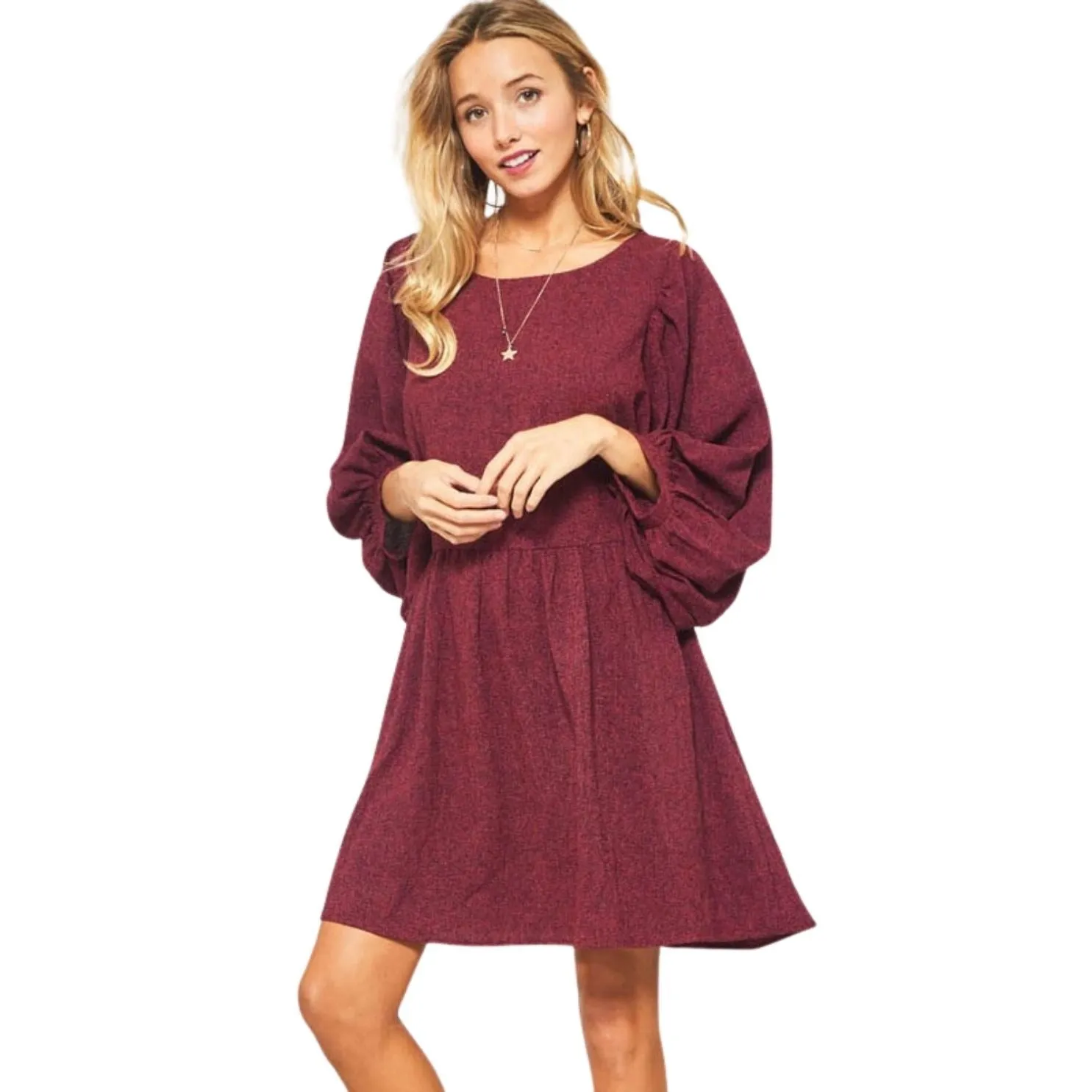 Promesa Burgundy Two Tone Puff Sleeve Loose Fit Flared Midi Dress JDE8412-BURG