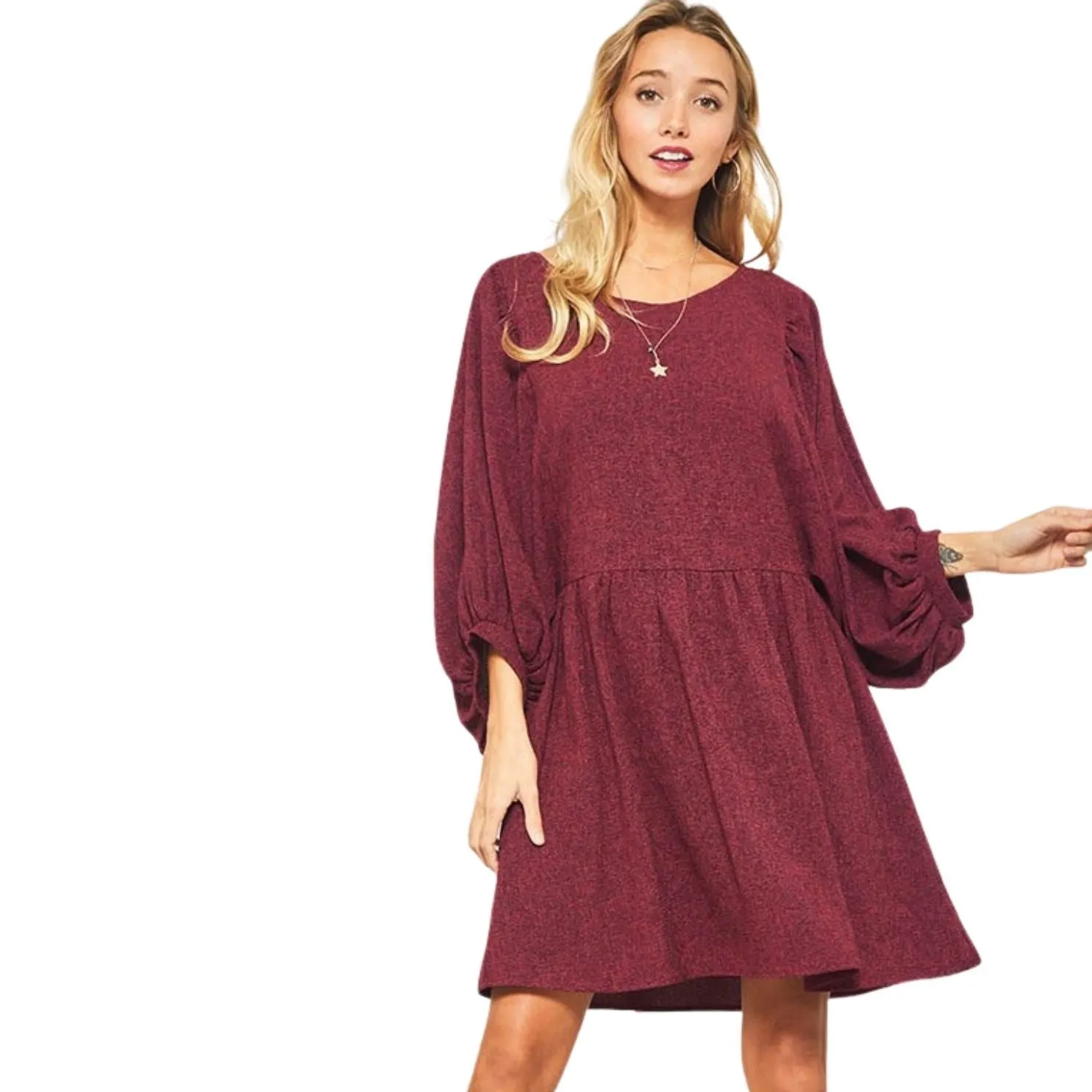 Promesa Burgundy Two Tone Puff Sleeve Loose Fit Flared Midi Dress JDE8412-BURG