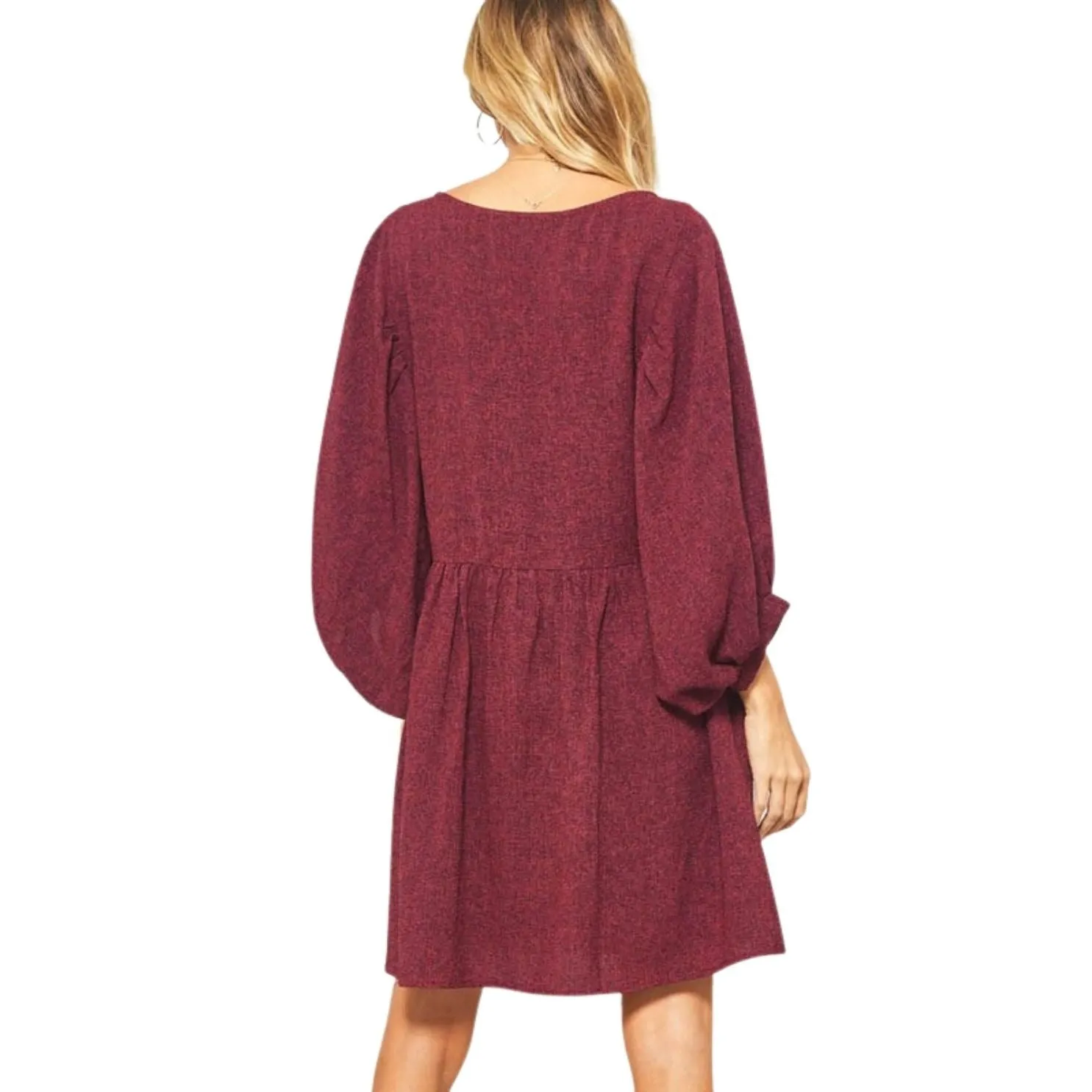 Promesa Burgundy Two Tone Puff Sleeve Loose Fit Flared Midi Dress JDE8412-BURG