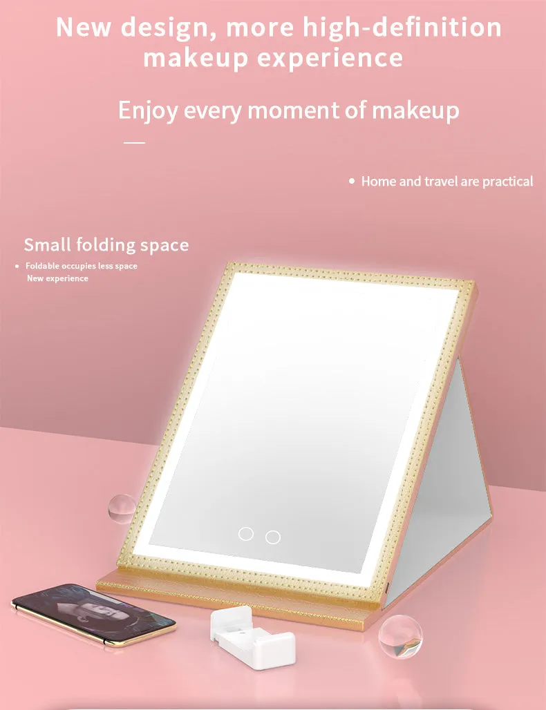 PU leather lights mirror foldable desktop makeup mirror personalized
