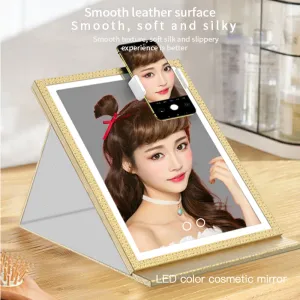 PU leather lights mirror foldable desktop makeup mirror personalized