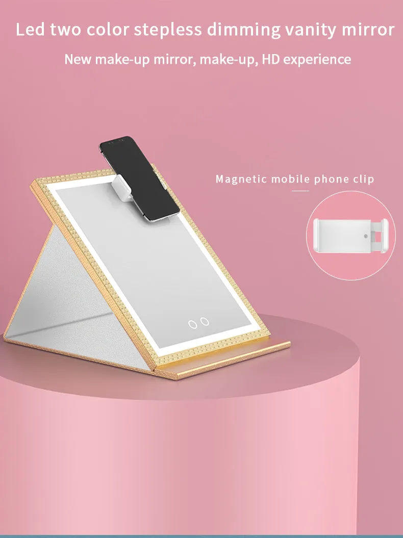 PU leather lights mirror foldable desktop makeup mirror personalized