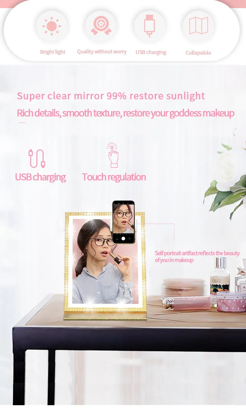 PU leather lights mirror foldable desktop makeup mirror personalized