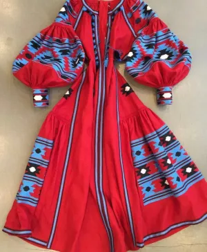Red boho style kaftan with wedges