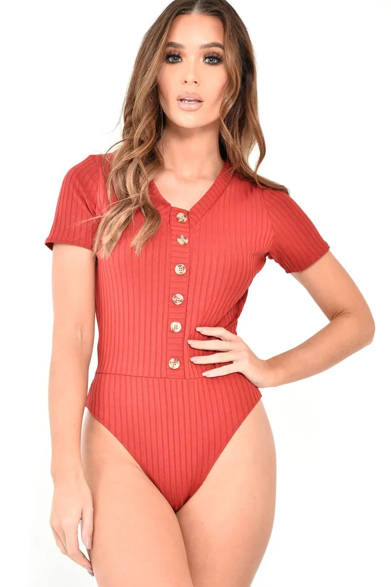 Red Button Front Short Sleeved Bodysuit - Danai