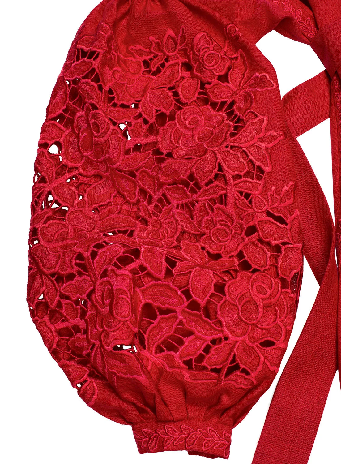 Red cut-embroidered dress with roses