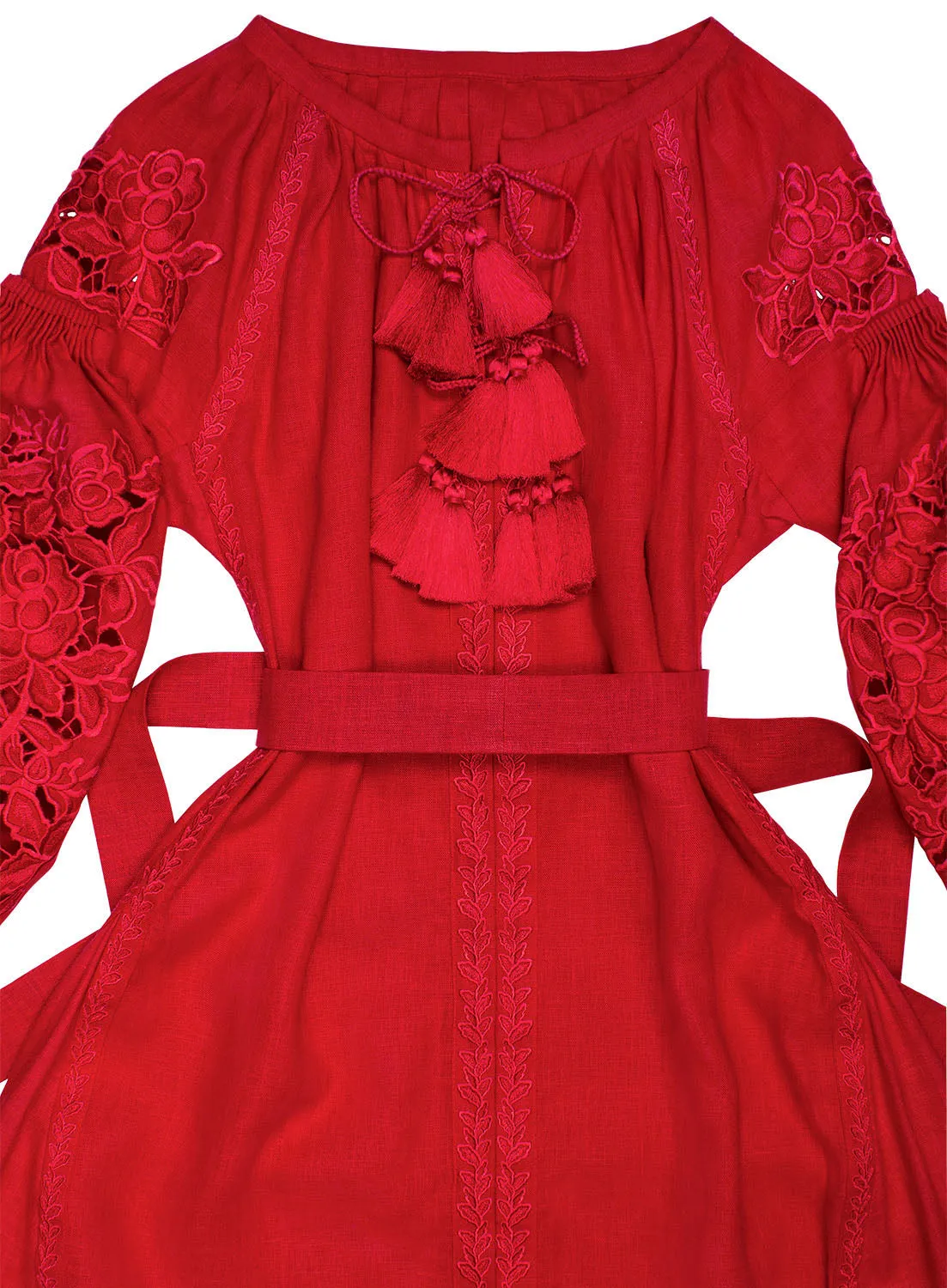 Red cut-embroidered dress with roses