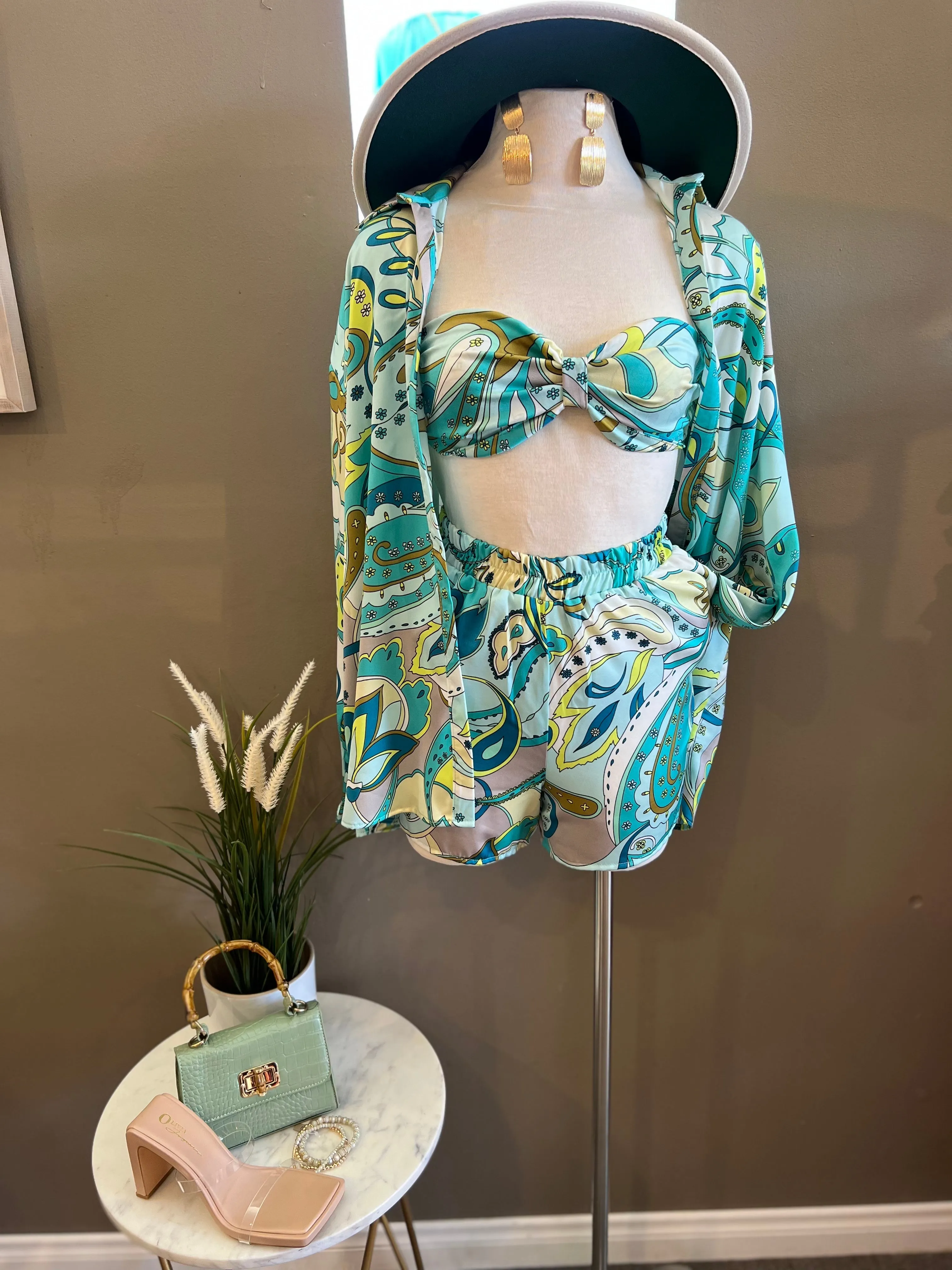 Satin Print Tube Top 3pc Short Set