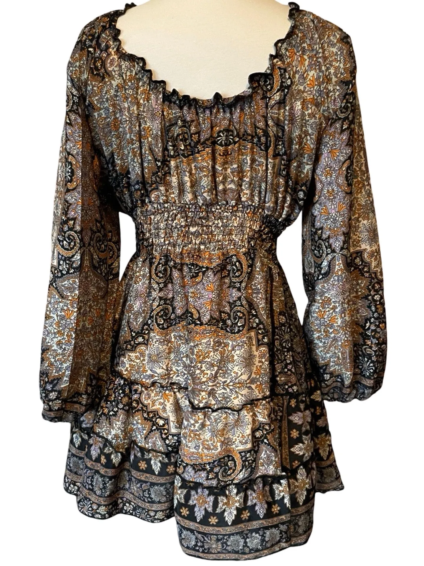 Short boho silk tiered dress w/ balloon sleeves (black n brown)