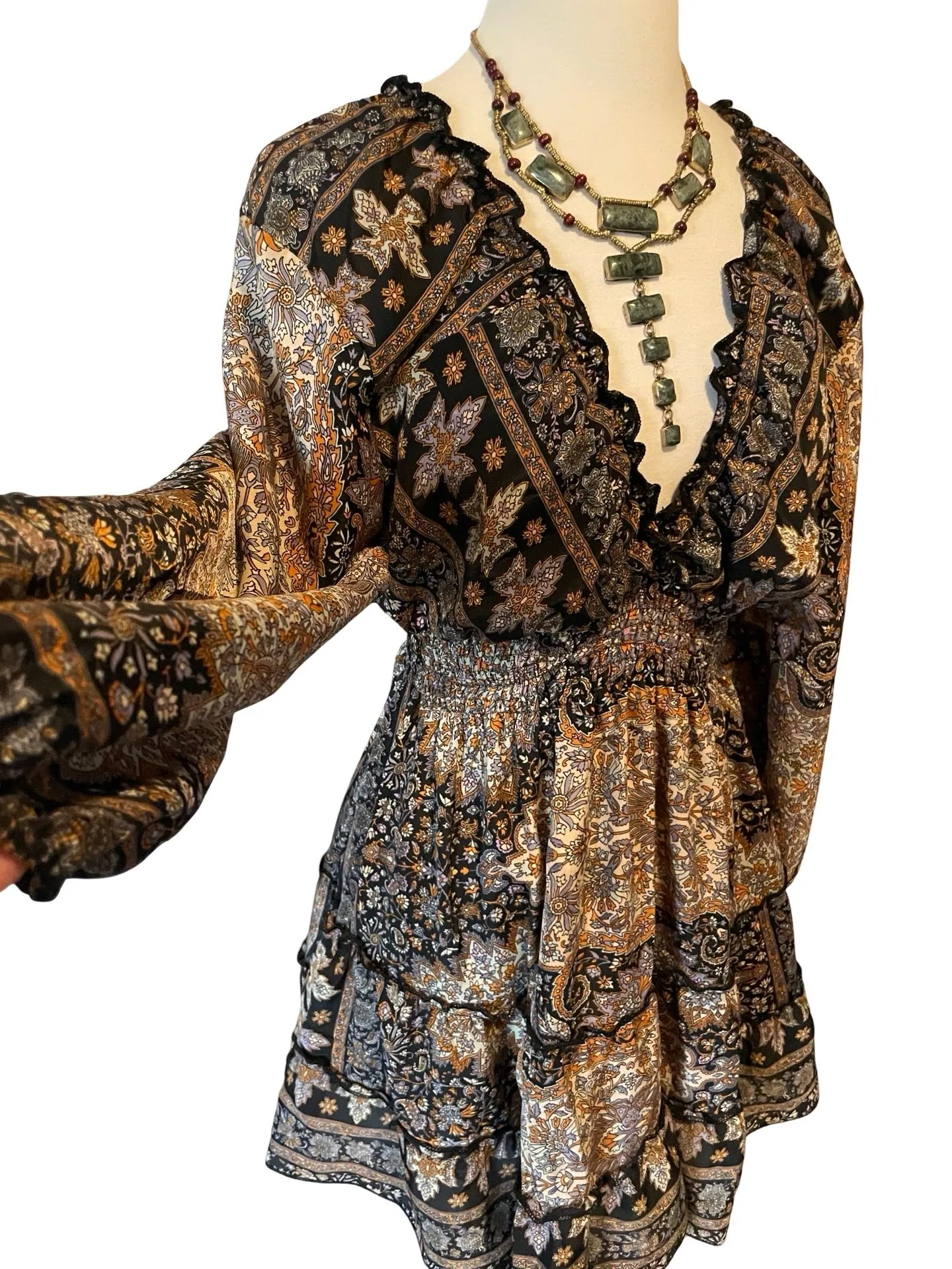Short boho silk tiered dress w/ balloon sleeves (black n brown)