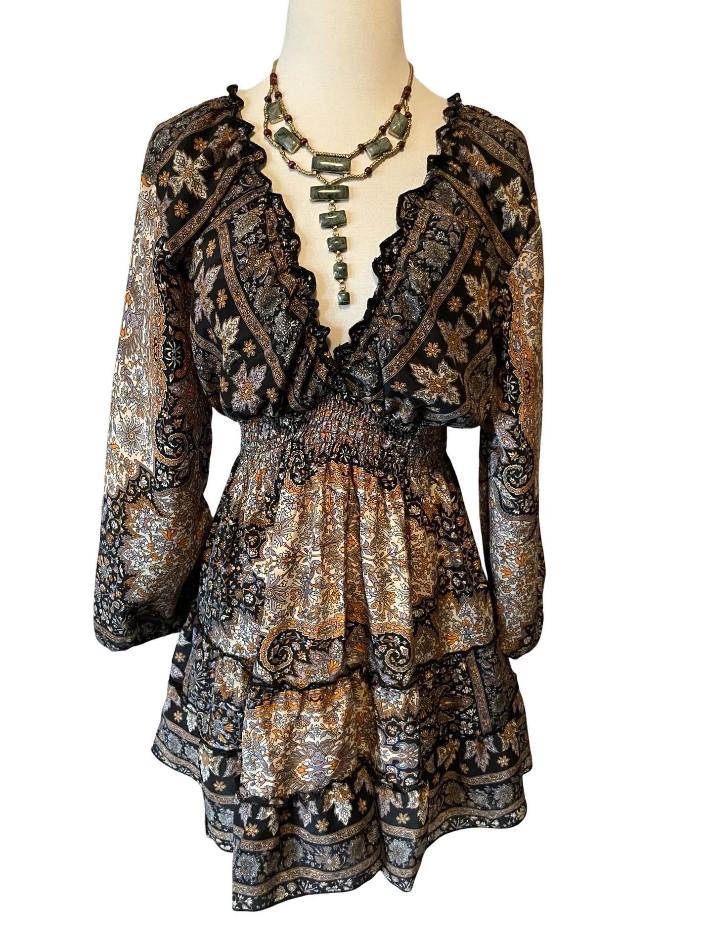 Short boho silk tiered dress w/ balloon sleeves (black n brown)