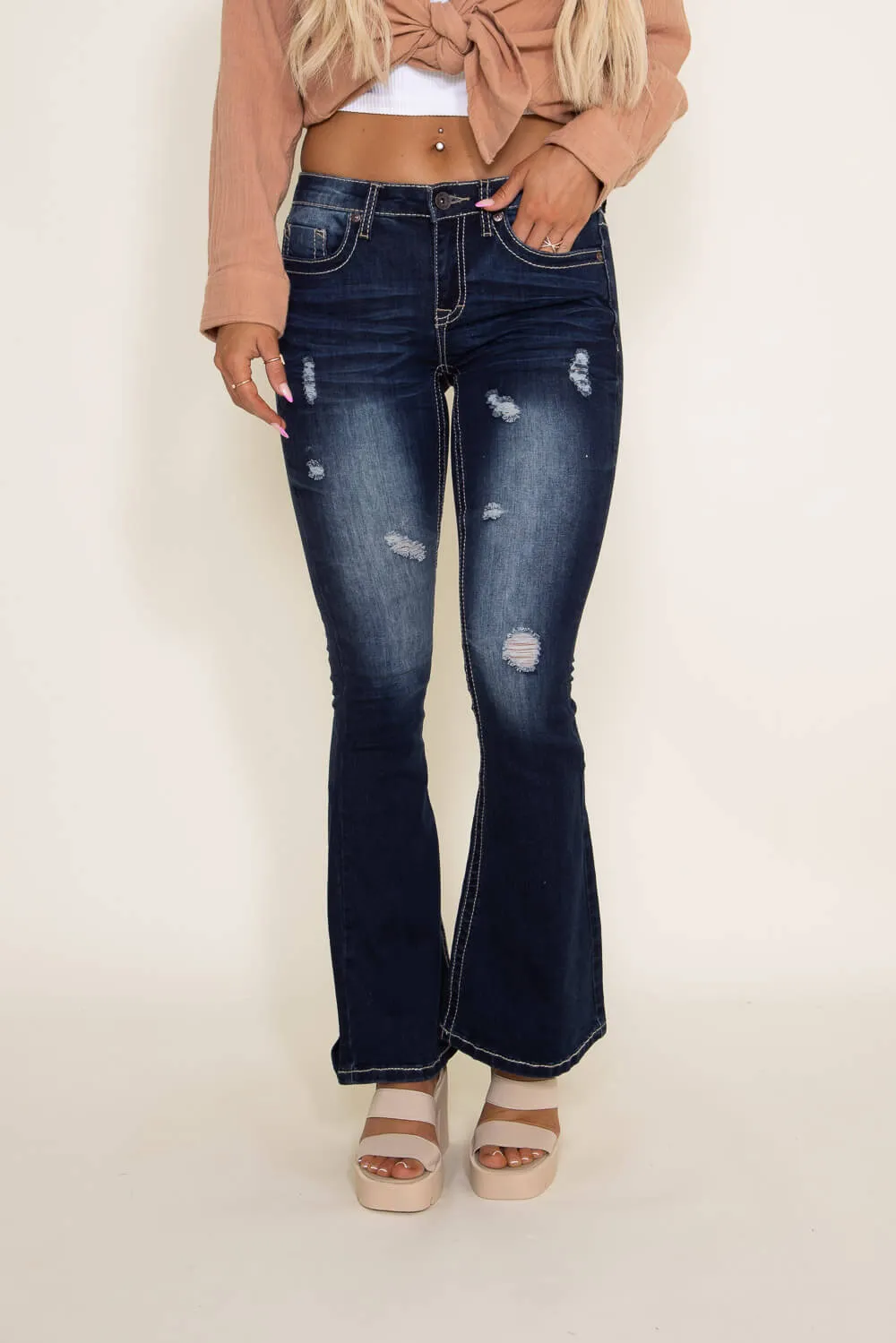 True Luck Bernie Mild Destruction Flare Jeans for Women | TL20150018