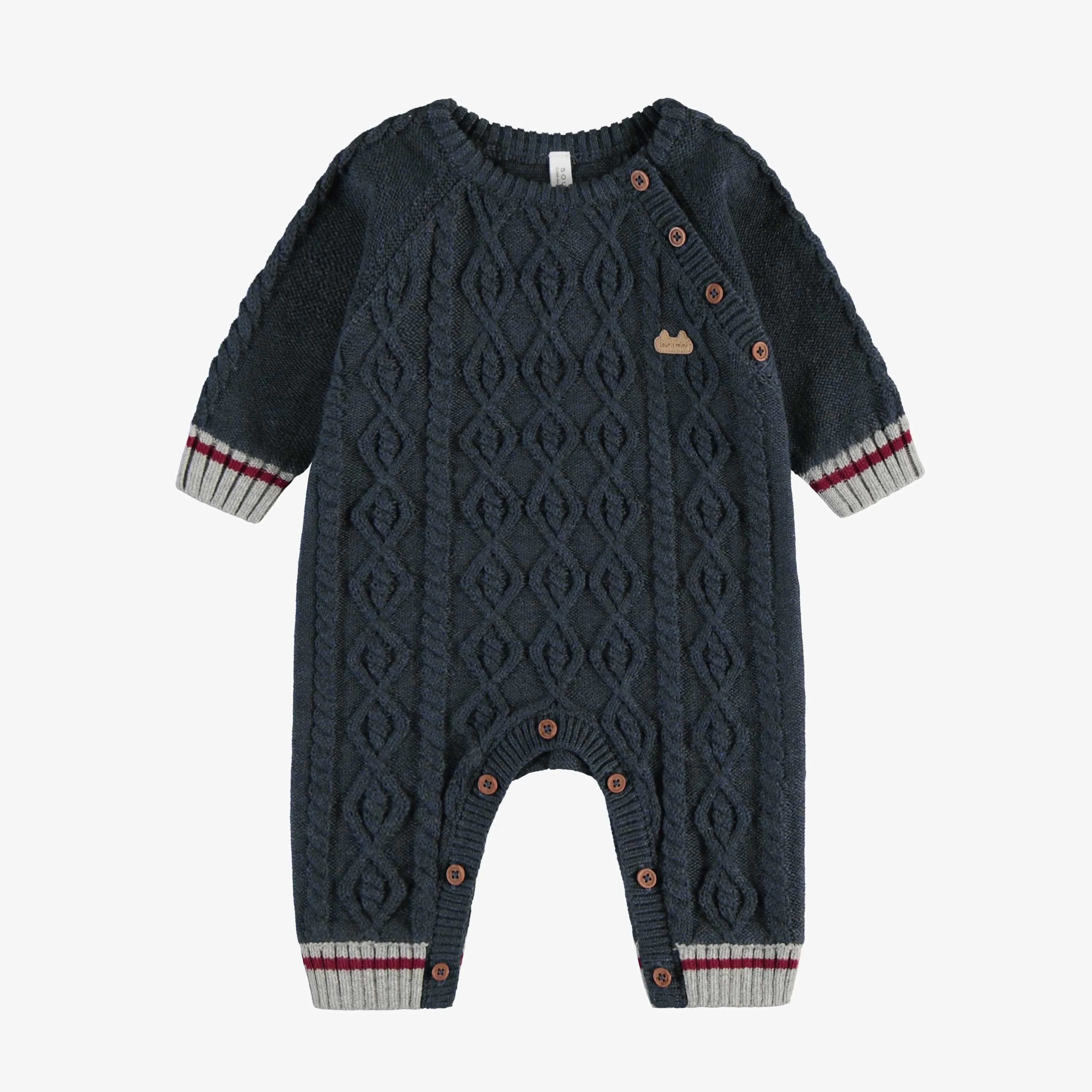 Une-pièce marine-gris à manches longues en tricot, naissance || Navy gray one-piece with long sleeves in knit, newborn