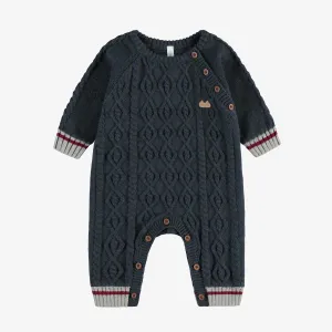 Une-pièce marine-gris à manches longues en tricot, naissance || Navy gray one-piece with long sleeves in knit, newborn