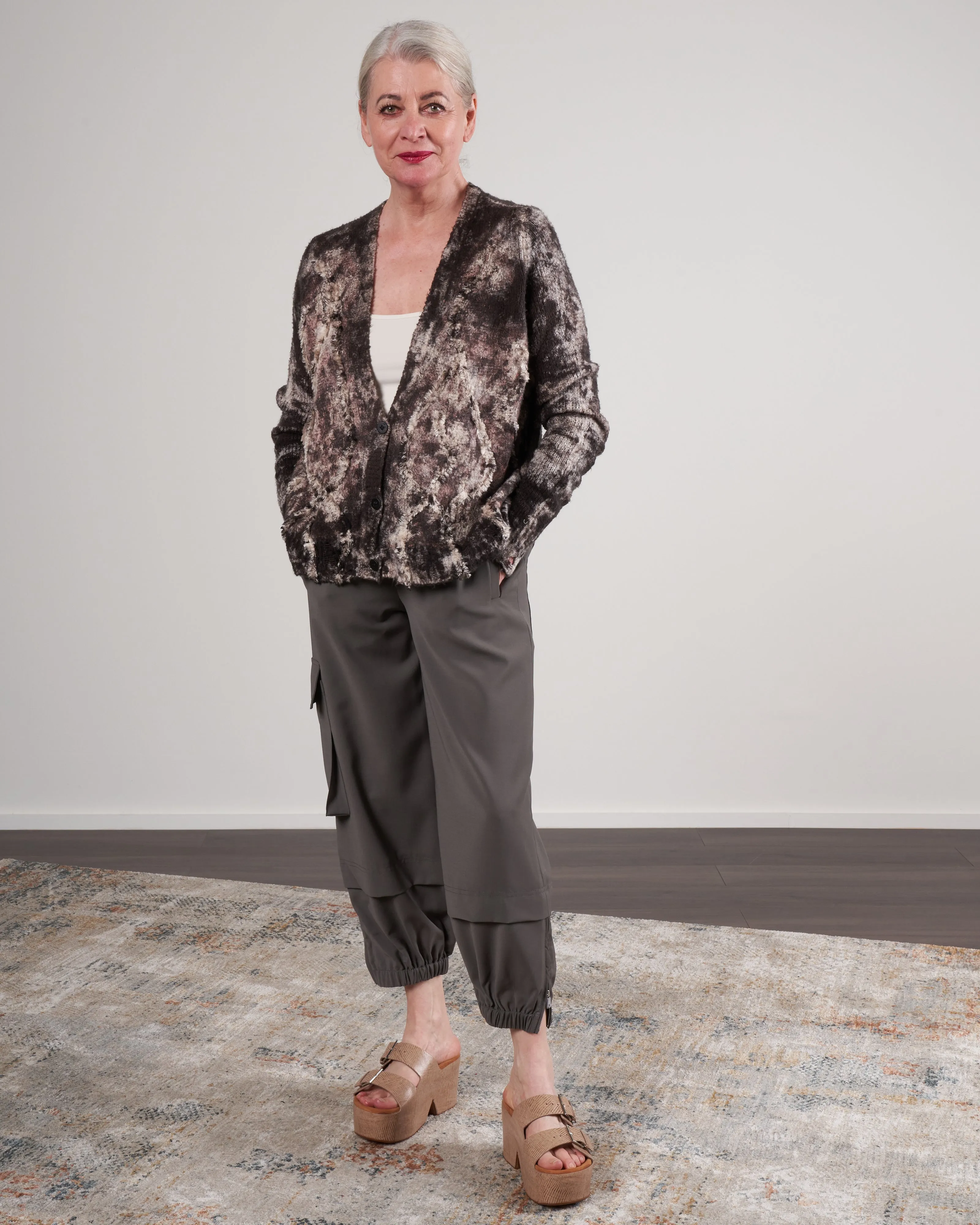 v neck brushed cotton cardigan with destroyed edges and embroidery - carruba