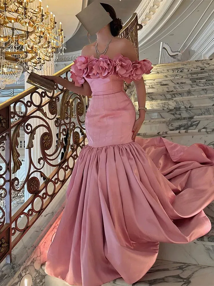 VANILLA VOGUE Boat-neck Mermaid Party Gown Pleat 3D Flower Off The Shoulder Dress