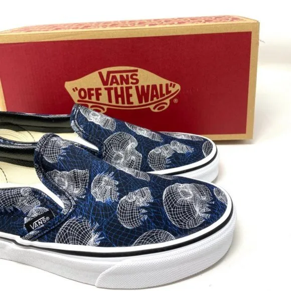 VANS Women Size VN0A33TB9IB Classic Slip On Wireframe Skull Black Canvas Sneaker