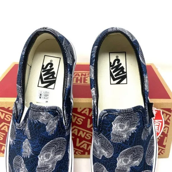 VANS Women Size VN0A33TB9IB Classic Slip On Wireframe Skull Black Canvas Sneaker