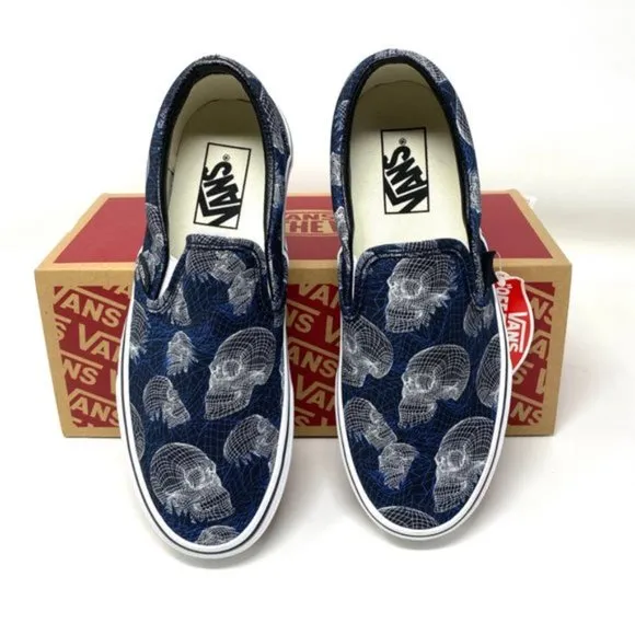 VANS Women Size VN0A33TB9IB Classic Slip On Wireframe Skull Black Canvas Sneaker
