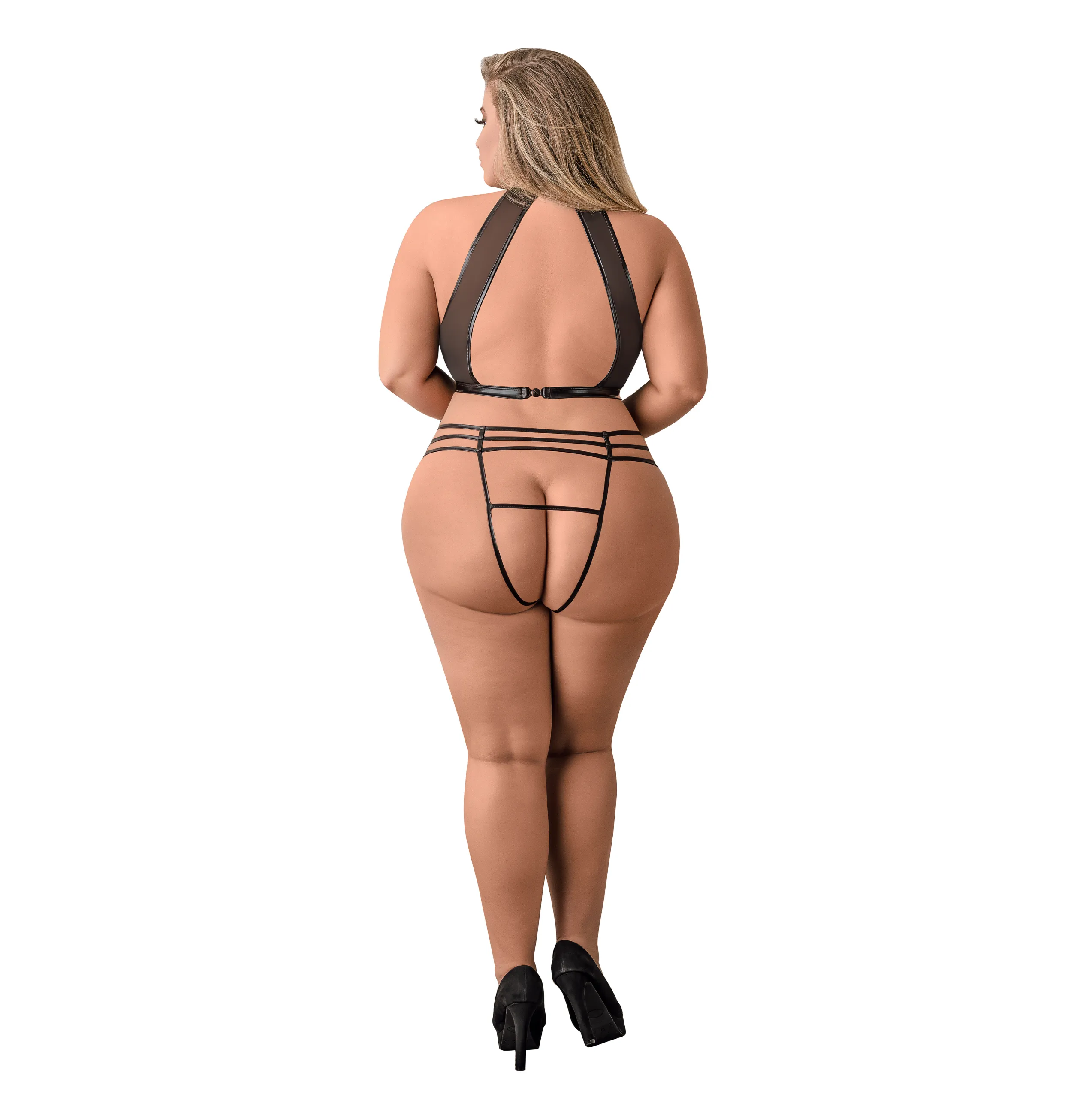 Vixen Mesh Underboob Halter & Strappy Crotchless Panty Set Black Plus