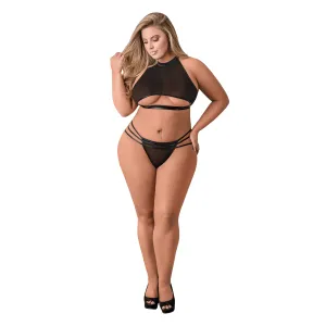 Vixen Mesh Underboob Halter & Strappy Crotchless Panty Set Black Plus