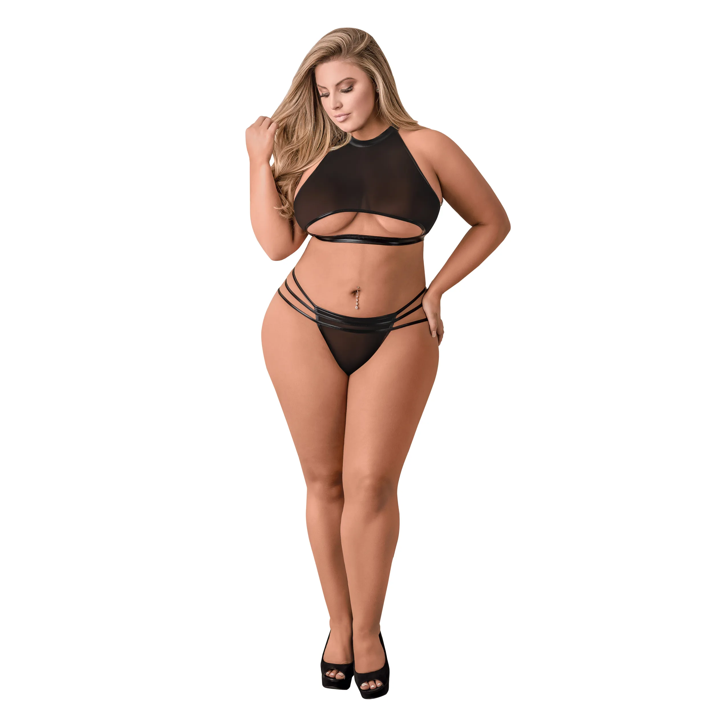 Vixen Mesh Underboob Halter & Strappy Crotchless Panty Set Black Plus