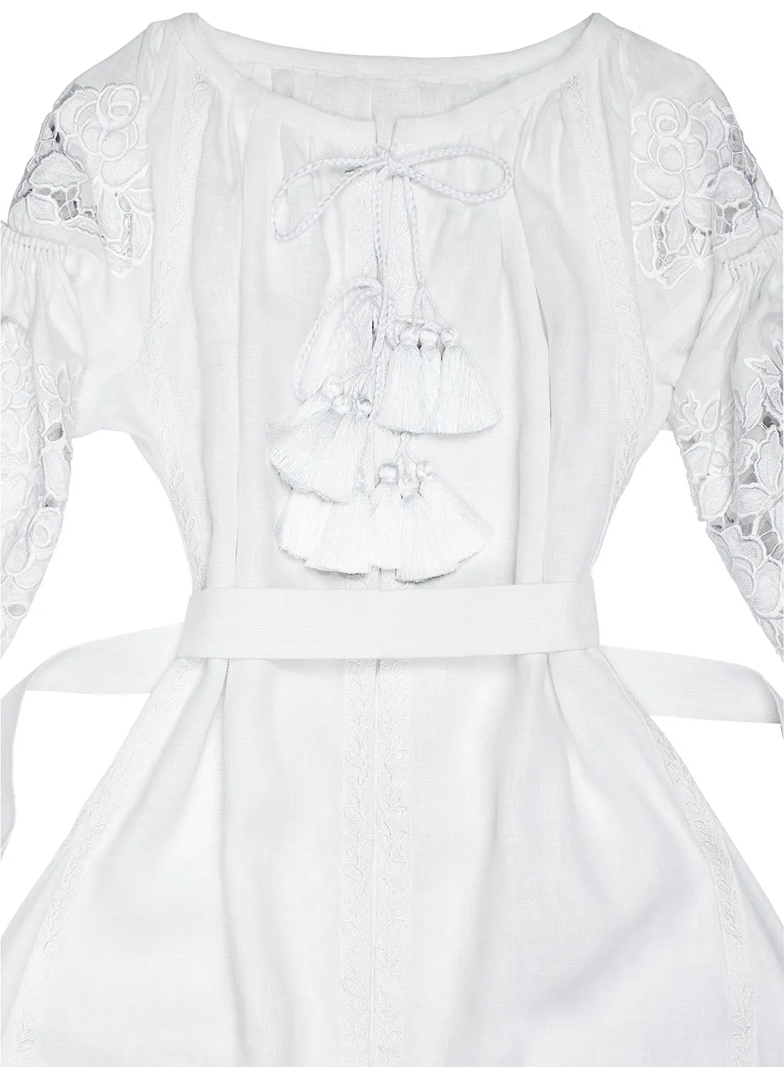 White cut-embroidered dress with roses