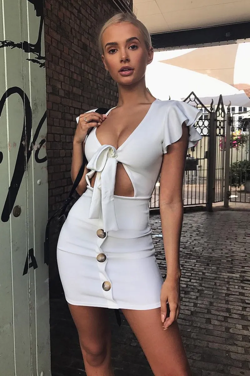 White Tie Button Front Bodycon Dress - Aaira