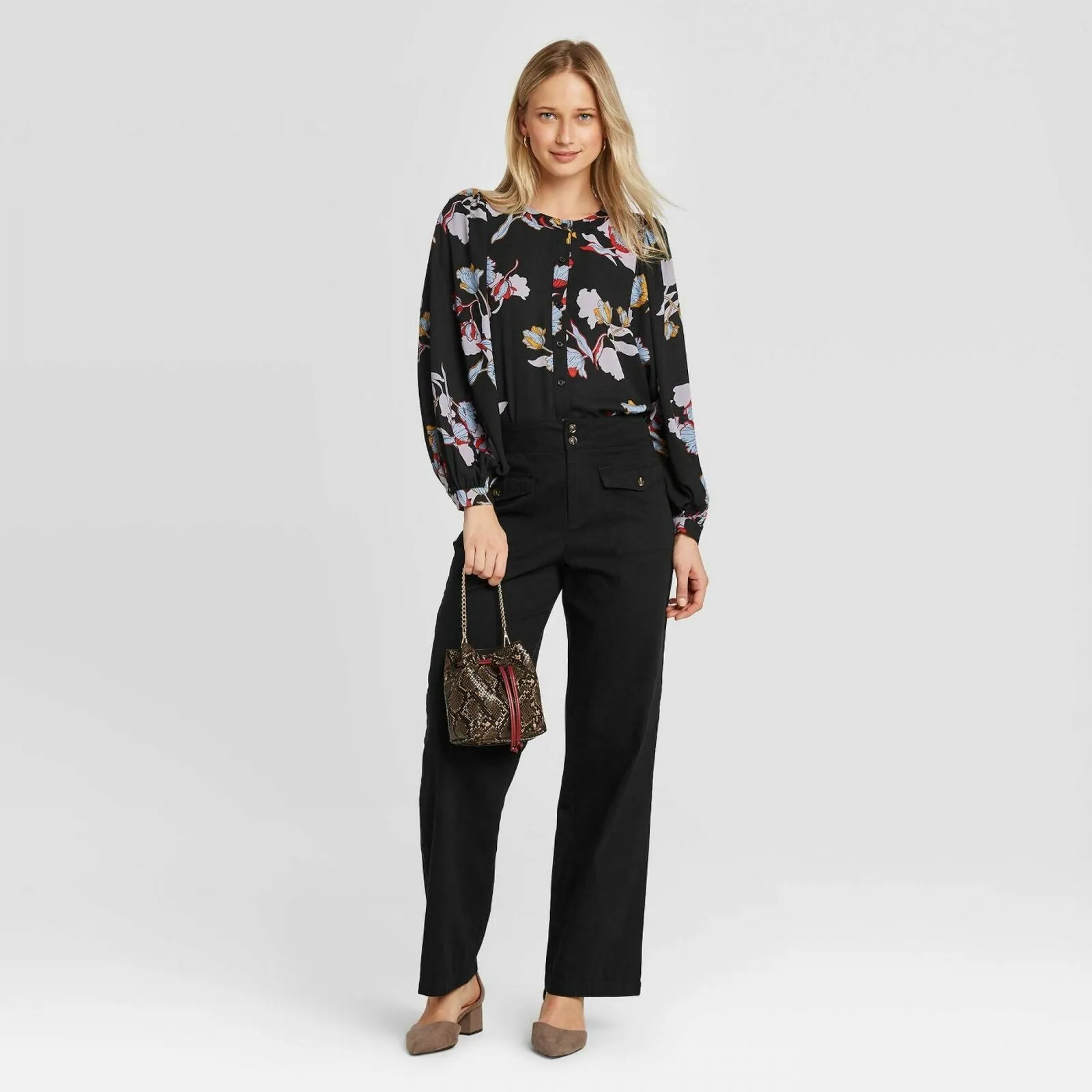 Who What Wear Women's Floral Print Balloon Long Sleeve Blouse