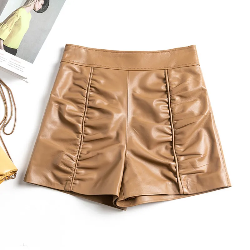 Women's Leather Sheepskin Shorts All-Match High-Waist Solid Pleated Wide-Leg Short Hot Pants 2022 Spring Autumn New SY3999