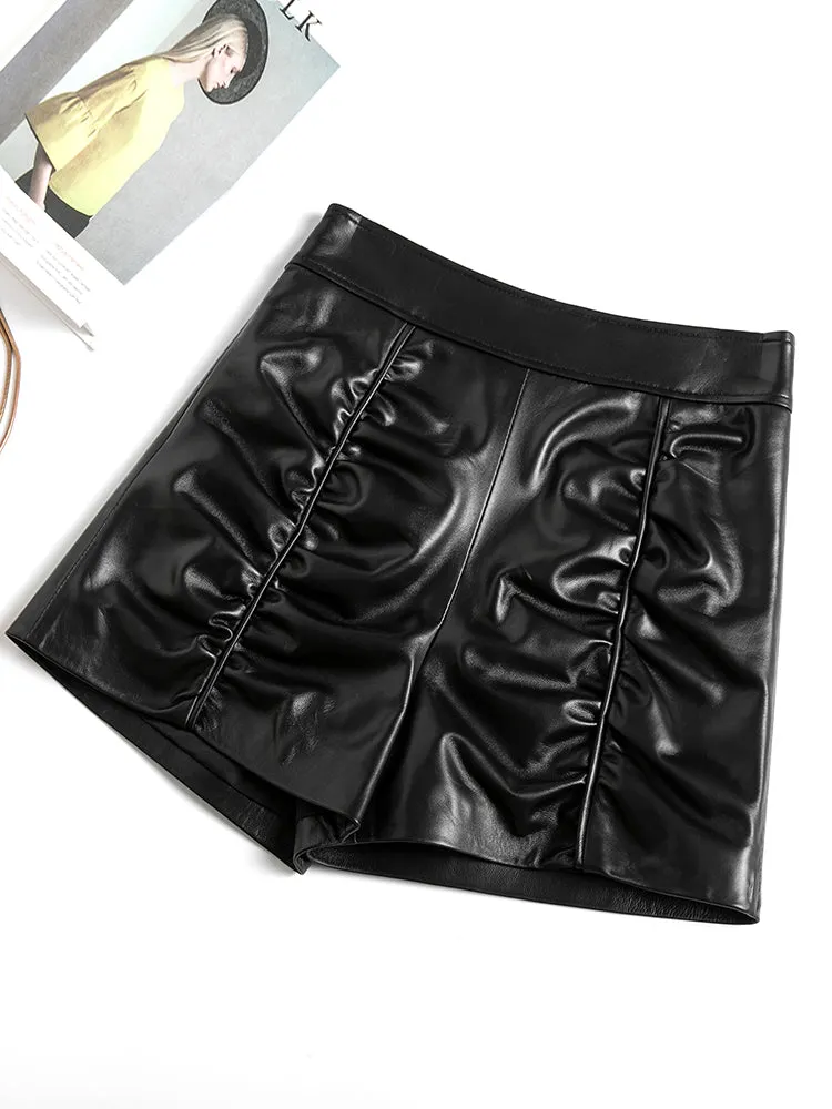 Women's Leather Sheepskin Shorts All-Match High-Waist Solid Pleated Wide-Leg Short Hot Pants 2022 Spring Autumn New SY3999