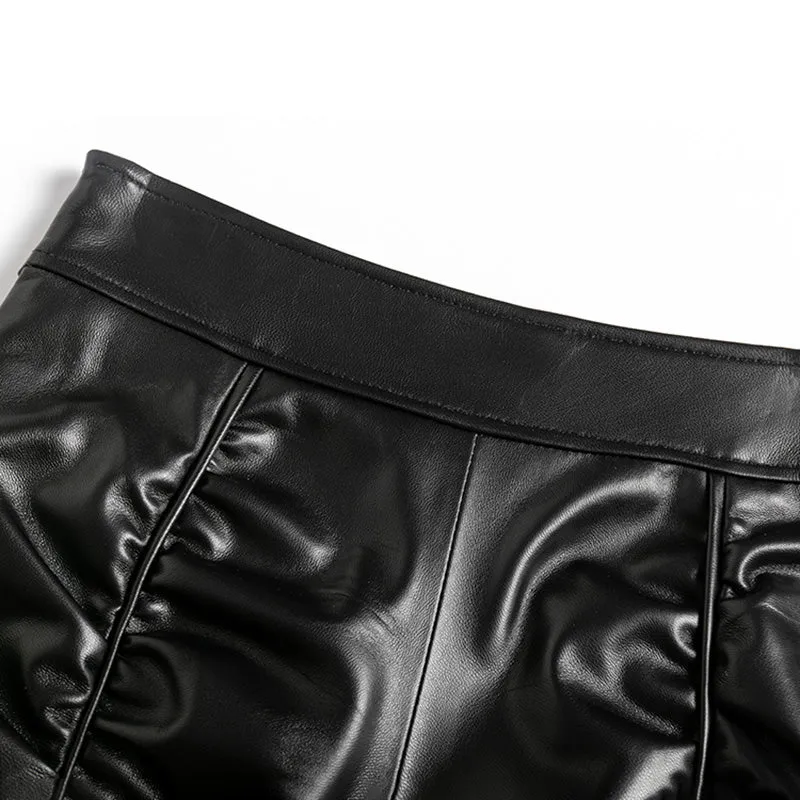 Women's Leather Sheepskin Shorts All-Match High-Waist Solid Pleated Wide-Leg Short Hot Pants 2022 Spring Autumn New SY3999