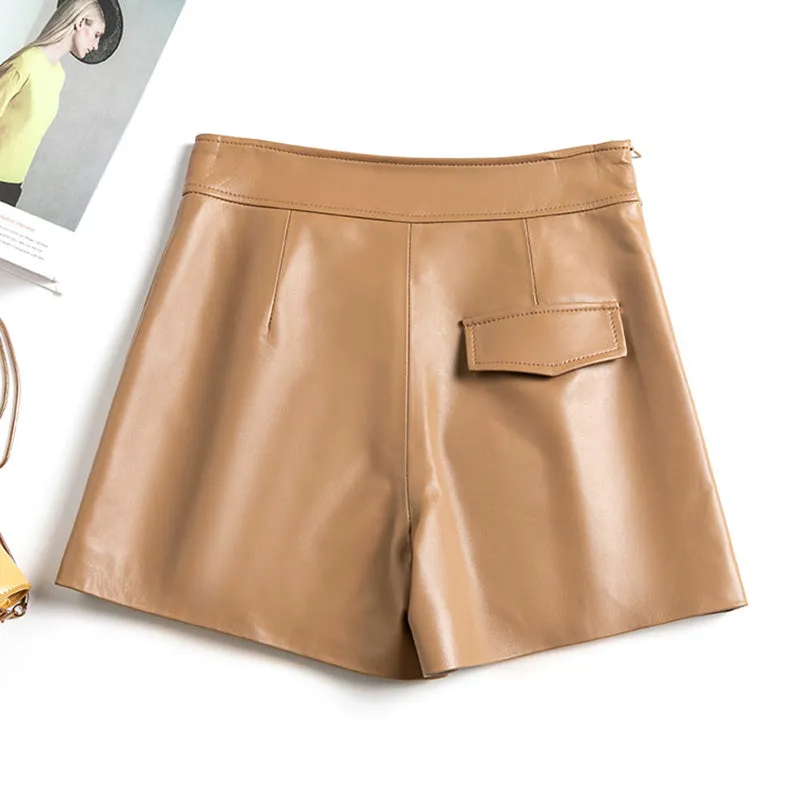 Women's Leather Sheepskin Shorts All-Match High-Waist Solid Pleated Wide-Leg Short Hot Pants 2022 Spring Autumn New SY3999