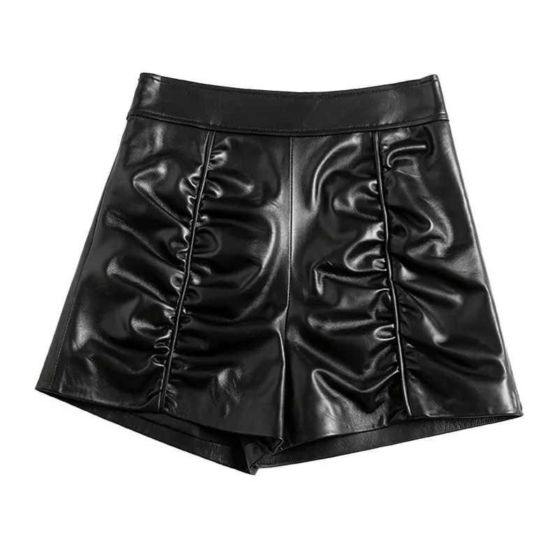Women's Leather Sheepskin Shorts All-Match High-Waist Solid Pleated Wide-Leg Short Hot Pants 2022 Spring Autumn New SY3999