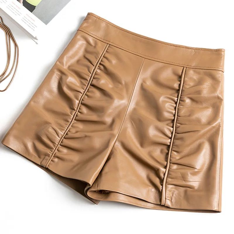 Women's Leather Sheepskin Shorts All-Match High-Waist Solid Pleated Wide-Leg Short Hot Pants 2022 Spring Autumn New SY3999