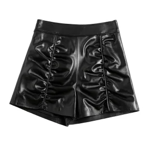 Women's Leather Sheepskin Shorts All-Match High-Waist Solid Pleated Wide-Leg Short Hot Pants 2022 Spring Autumn New SY3999