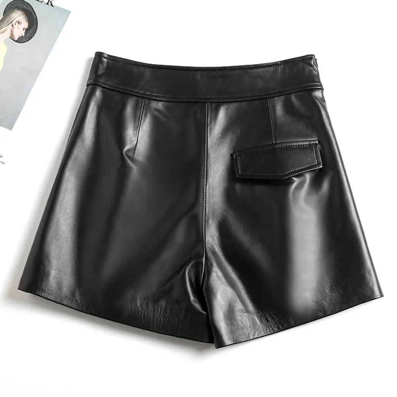 Women's Leather Sheepskin Shorts All-Match High-Waist Solid Pleated Wide-Leg Short Hot Pants 2022 Spring Autumn New SY3999