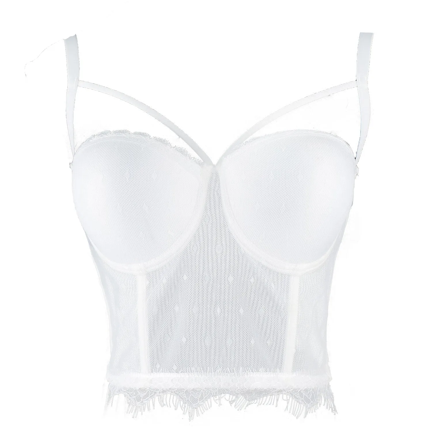 Women's Sexy Cut Cross Strappy Lace Mesh Bustier Tops Caged Cropped Top White