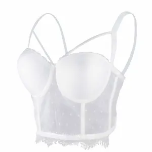 Women's Sexy Cut Cross Strappy Lace Mesh Bustier Tops Caged Cropped Top White