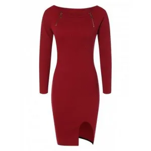 Zipper Embellished Stretchy Tight Dress - Burgundy One Size